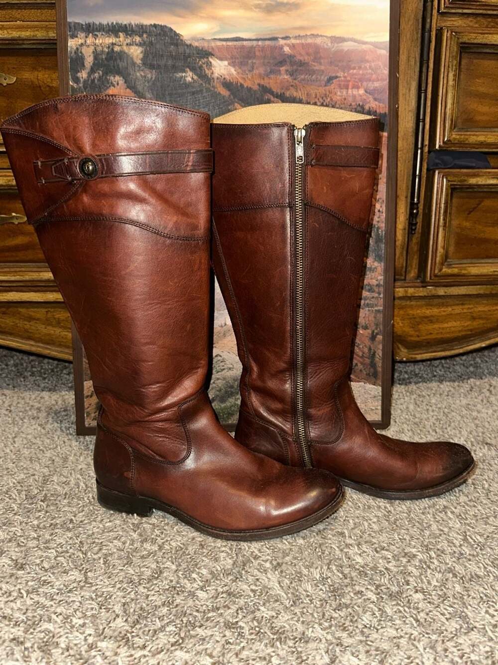 FRYE Molly Button Tall Brown Leather Riding Boots